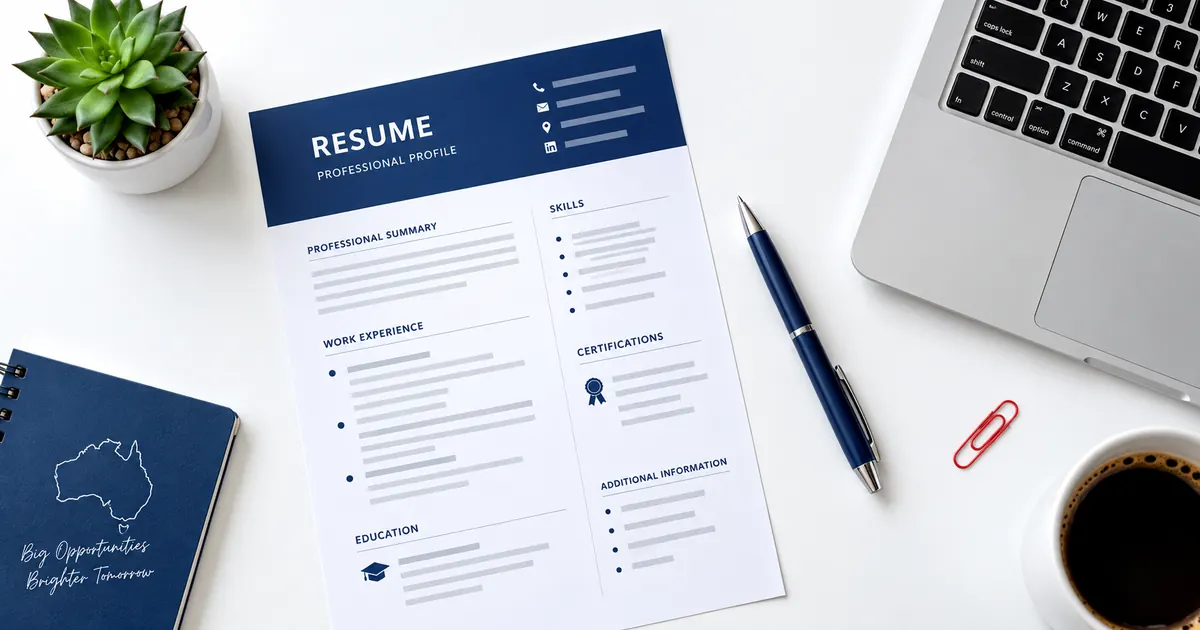 Australian-format resume on a desk beside a laptop