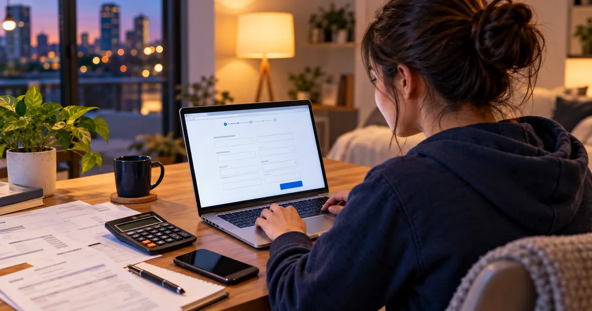 Student completing a tax return on a laptop