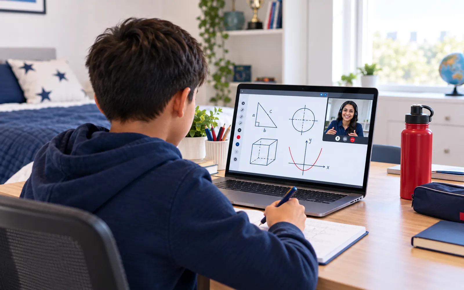Student in a live online tutoring session with a shared whiteboard on screen