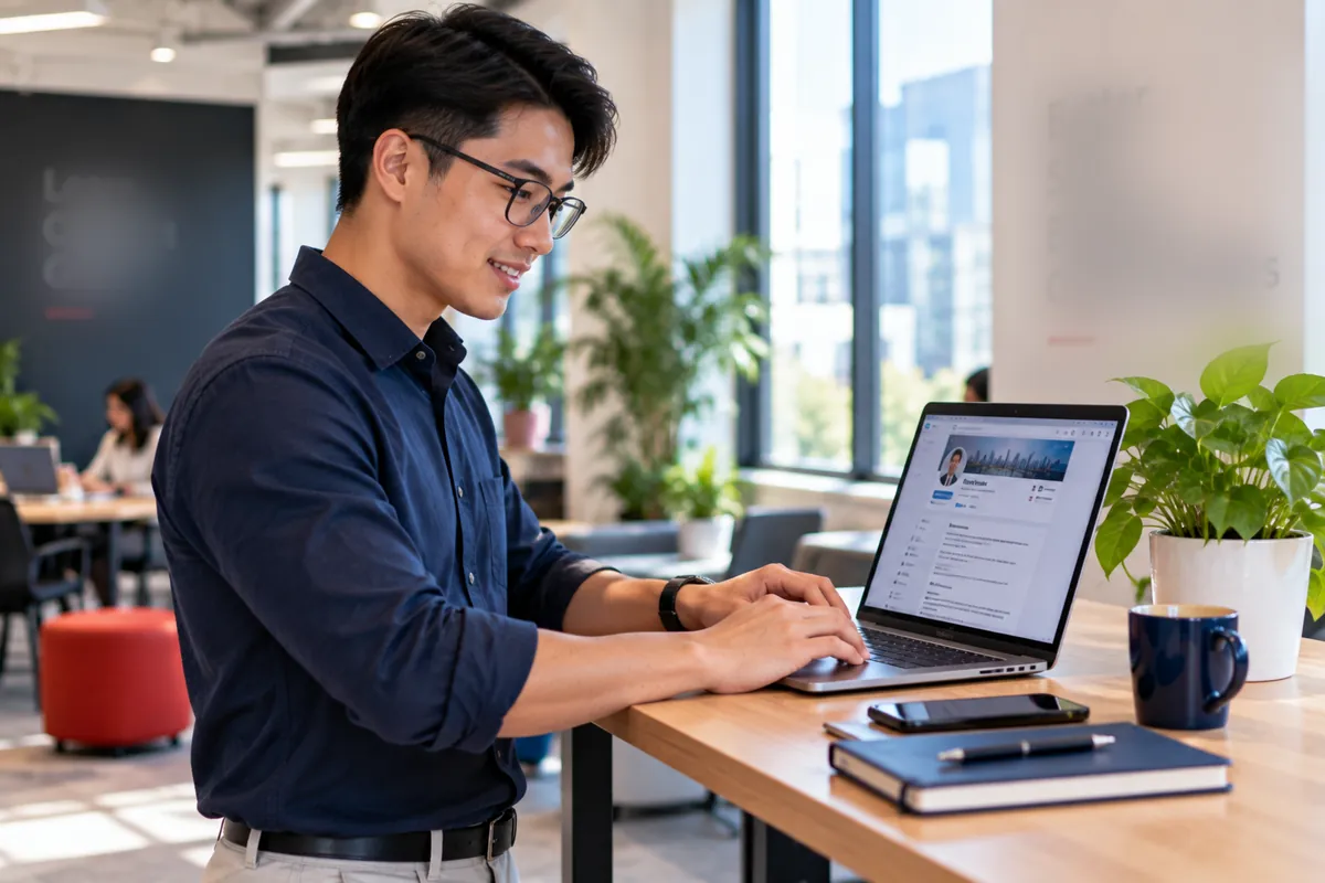 Young professional updating a LinkedIn profile on a laptop