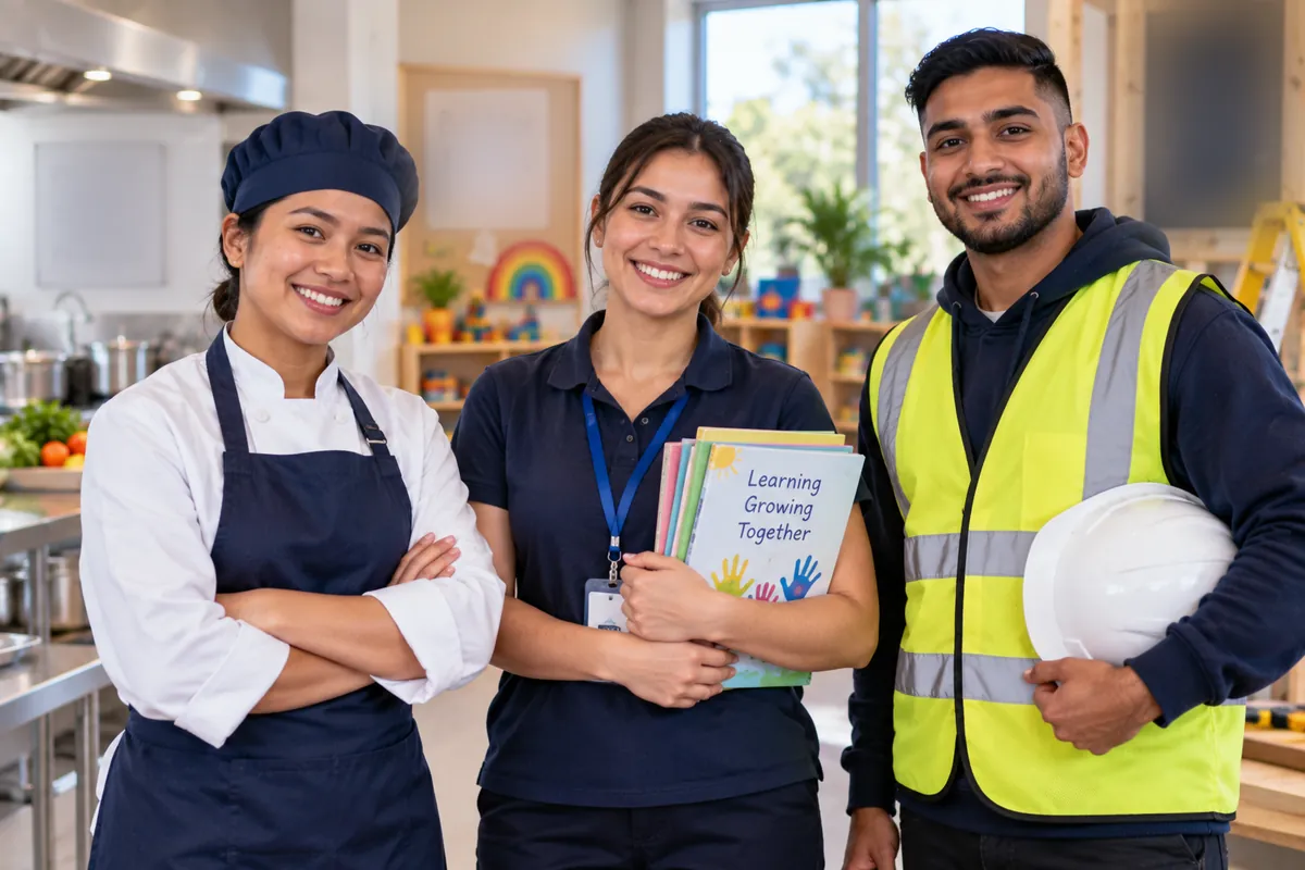 Vocational students in cookery, childcare and construction training