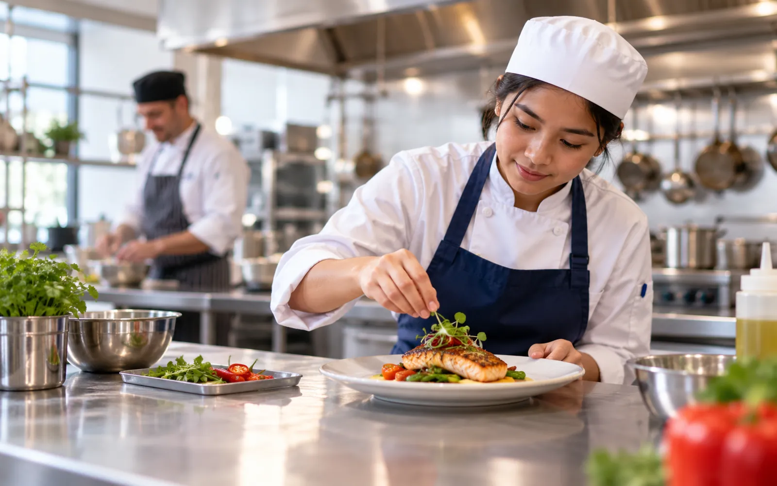 Commercial cookery student plating a dish in a training kitchen
