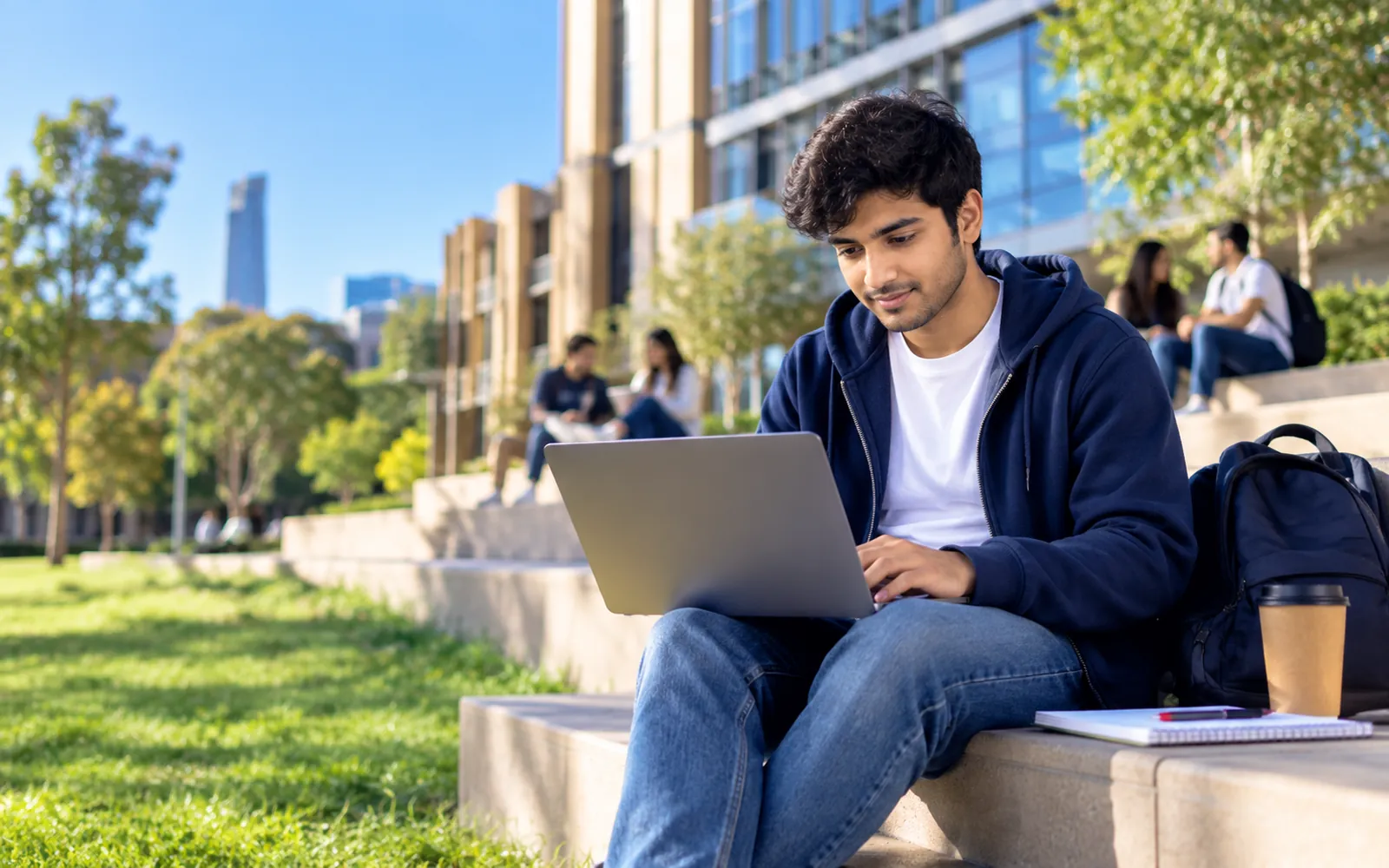 University student studying on campus with a laptop